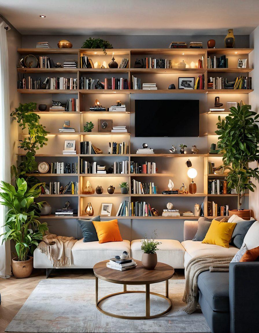 A cozy living room featuring stylish and versatile shelving units filled with books, plants, and decorative items. The setting includes warm lighting and a comfortable seating area that showcases the efficient use of space. Emphasize an aesthetically pleasing arrangement that highlights organization and functionality. Include a cheerful atmosphere, suggesting a happy home environment. modern interior design. vibrant colors. super-realistic.