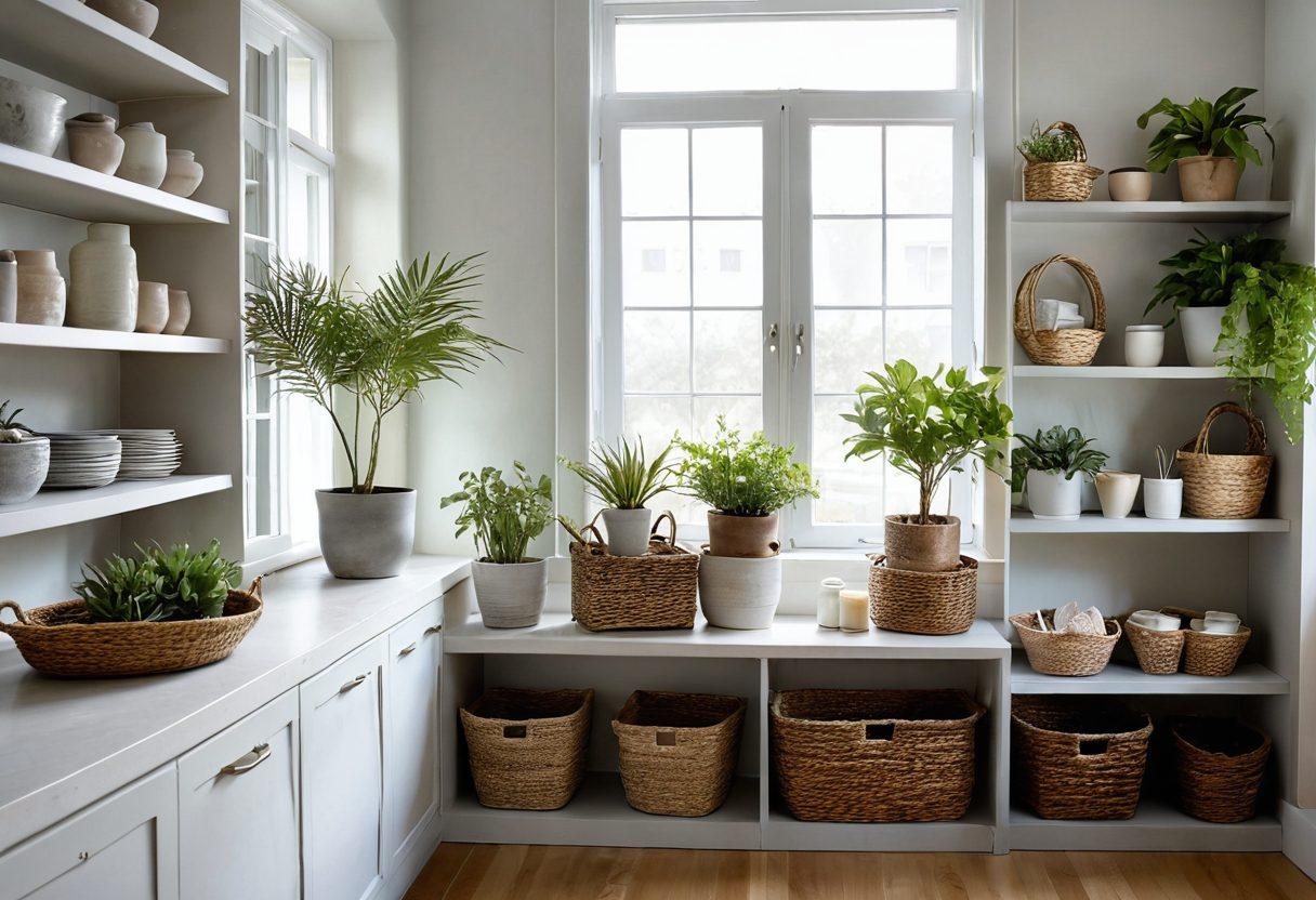 A serene room cluttered with various stylish storage solutions like baskets, shelves, and cabinets harmonizing to create an organized atmosphere. Soft natural light filters through a window, highlighting textures and colors. A calming color palette of pastels and greys enhances the feeling of tranquility. Include plants to symbolize growth and peace. super-realistic. soft focus. vibrant colors.