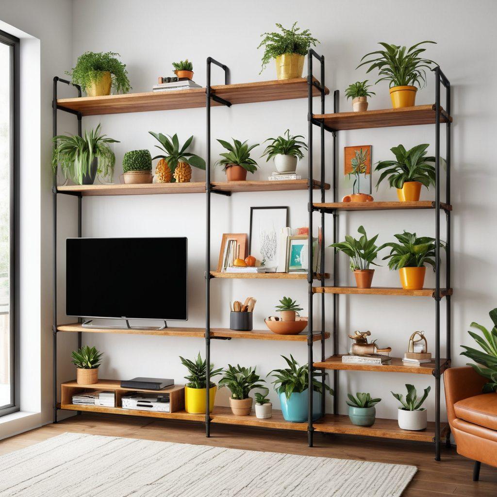 A beautifully organized home interior showcasing vibrant, creative racking solutions in various playful designs and colors. Include cozy elements like plants and soft lighting to evoke joy and comfort. Feature a family happily interacting with the organized space, emphasizing functionality and style. Include wooden and metallic materials for a modern touch. bright and cheerful. super-realistic. vibrant colors. high detail.